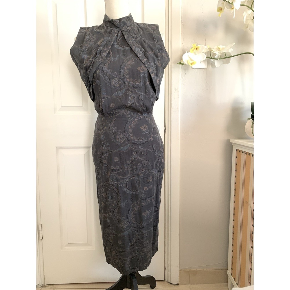 Vintage Gray Paisley Midi Dress High Neck Sleeveless Draped Bodice Button Back